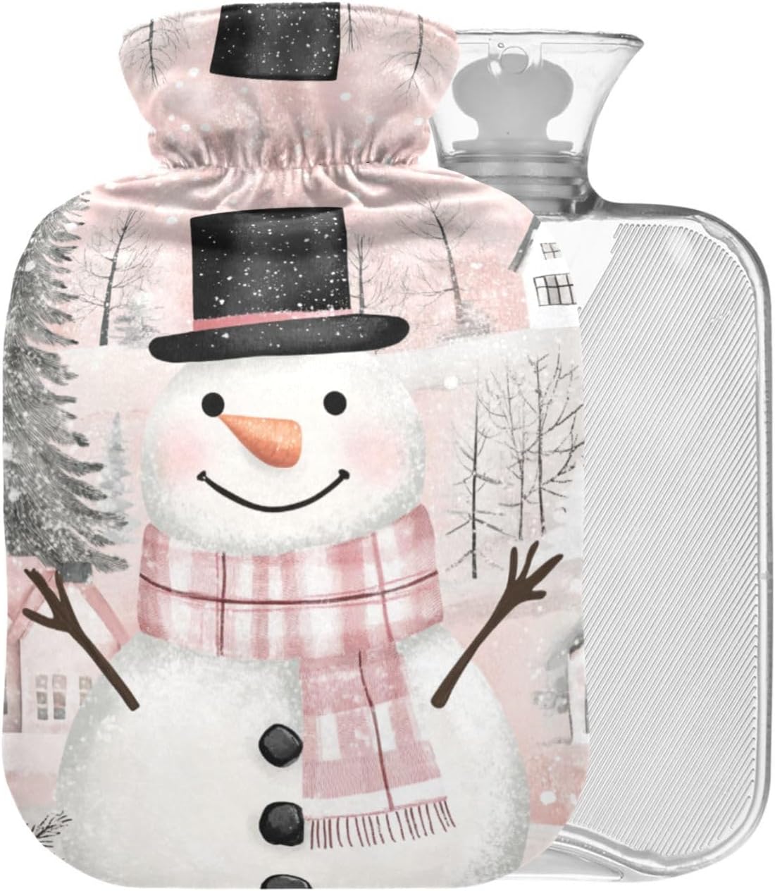 Pink Christmas Snowman Pattern Hot Water Bottle with Cover 2L Large Warm Water Bag for Pain Relief Cramps