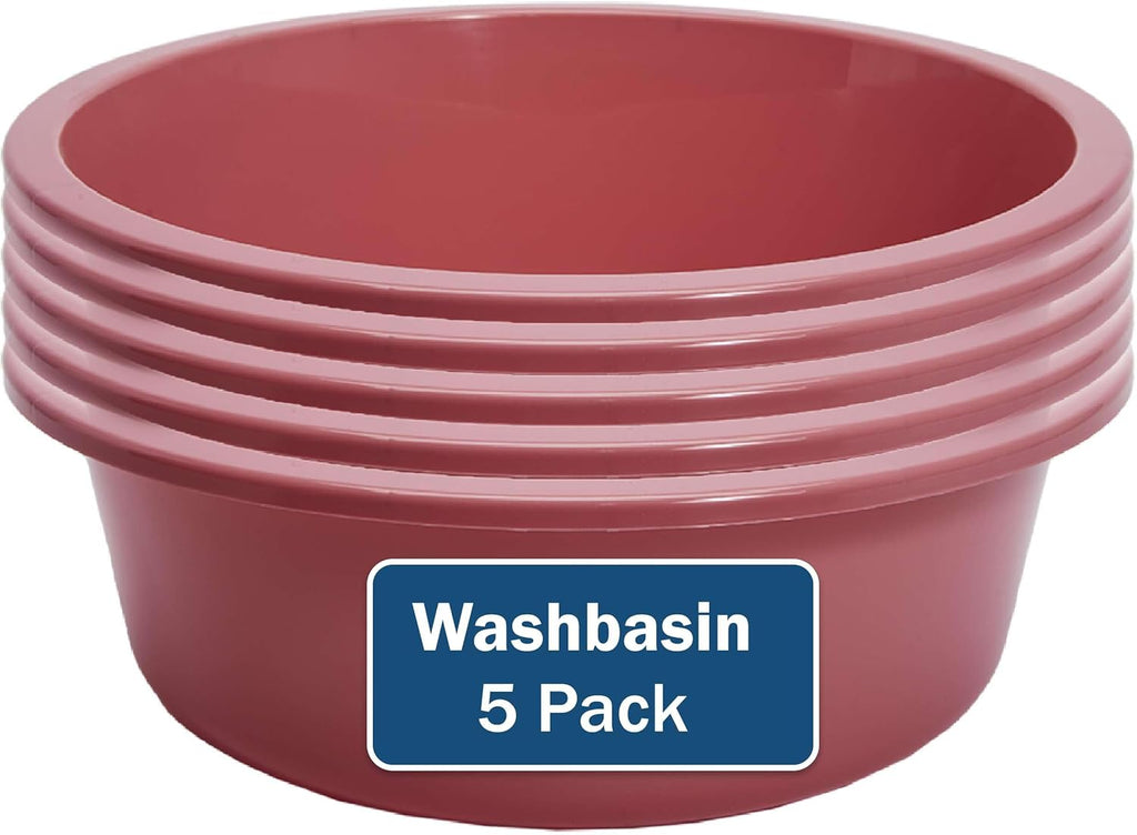 Plastic Wash Basin - 5 Pack of 5 Liter Round Plastic Tub with Rolled Rim - Good for Washing Veggies, Laundry, and Hands and Feet - Good for Hospitals, Nursing Homes, and Medical Facilities