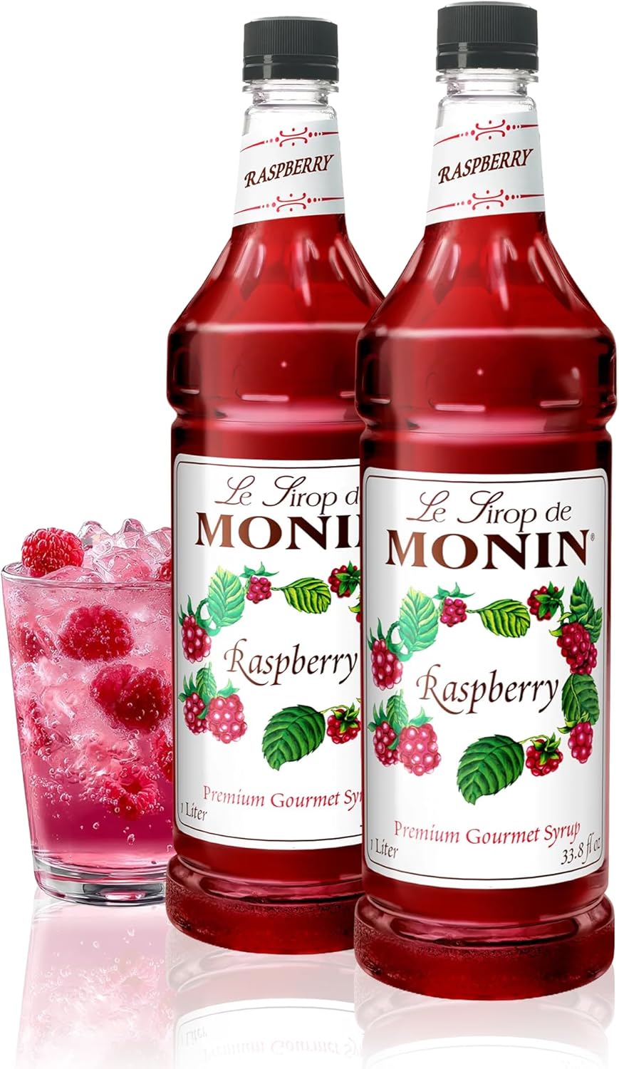 Monin - Raspberry Syrup, Sweet and Tart, Great for Cocktails and Lemonades, Gluten-Free, Non-GMO (1 Liter, 2-Pack)