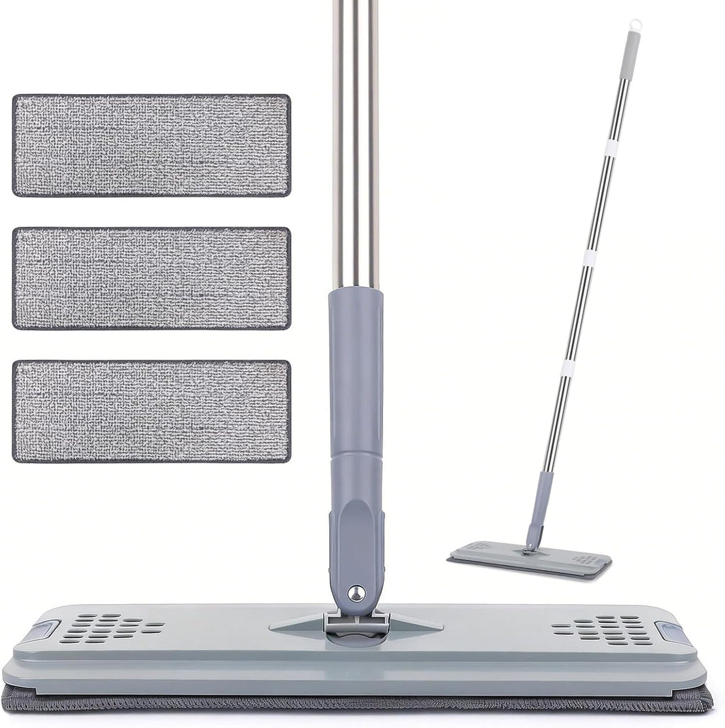 Flat Mop with 3 Pads, Microfiber Mops for Floor Cleaning Adjustable Handle 29-49, Dust Mop for Hardwood Floors, Wet Dry Use on Laminate Wood Tile Vinyl Wall Mopping Bathroom Kitchen Household Supplies