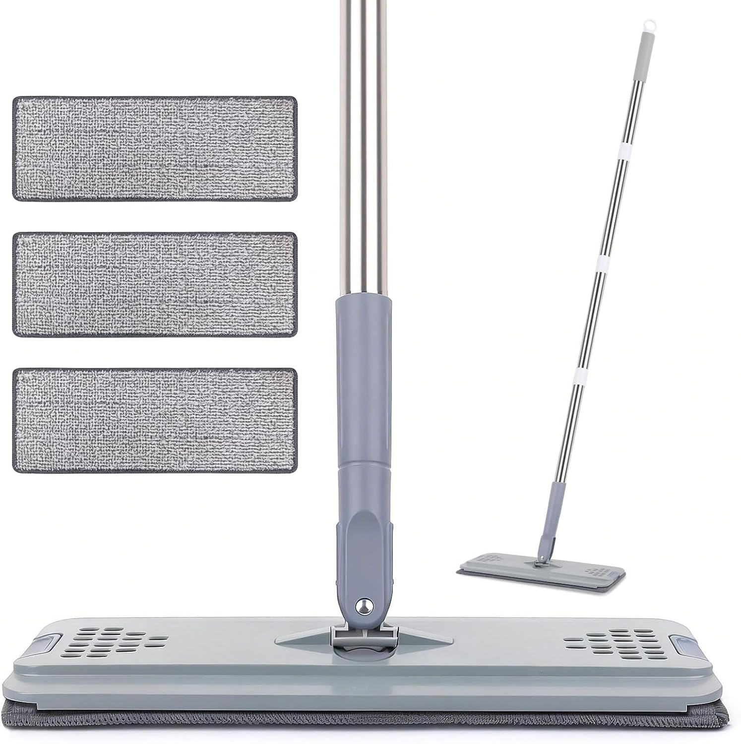 Flat Mop with 3 Pads, Microfiber Mops for Floor Cleaning Adjustable Handle 29-49, Dust Mop for Hardwood Floors, Wet Dry Use on Laminate Wood Tile Vinyl Wall Mopping Bathroom Kitchen Household Supplies