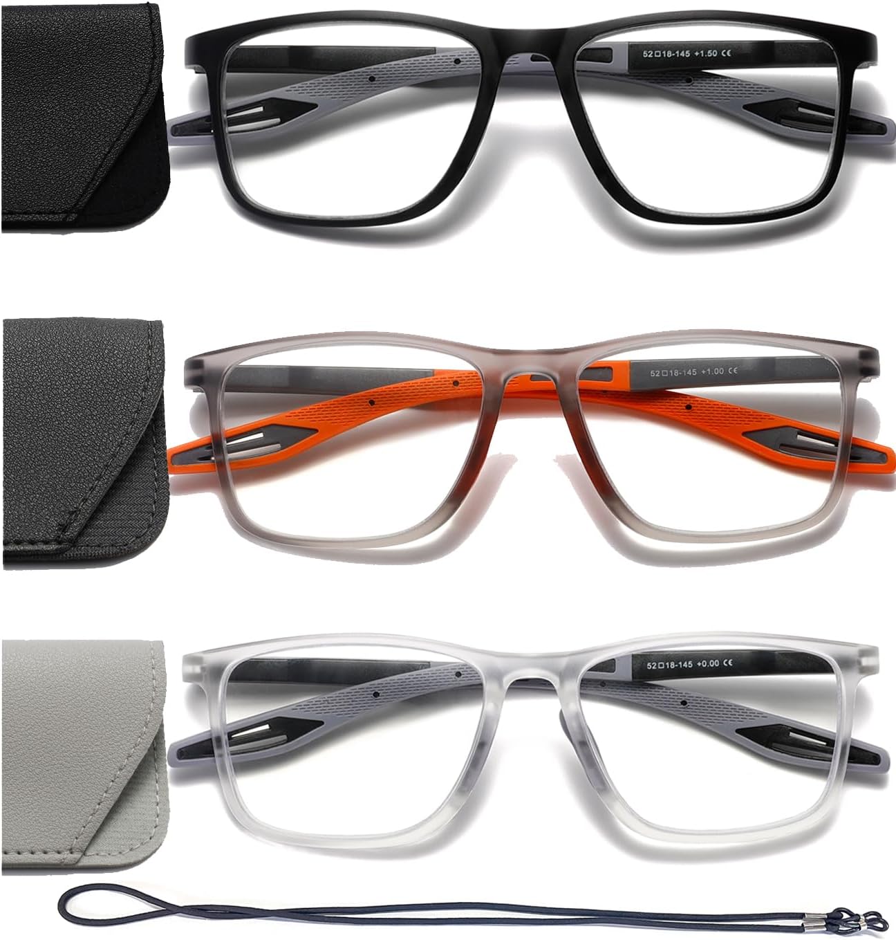 Hubeye TR90 Sports Reading Glasses for Men and Women Ultralight Flexible Anti-Blue Light Readers（Black+Grey+Orange，+2.75）