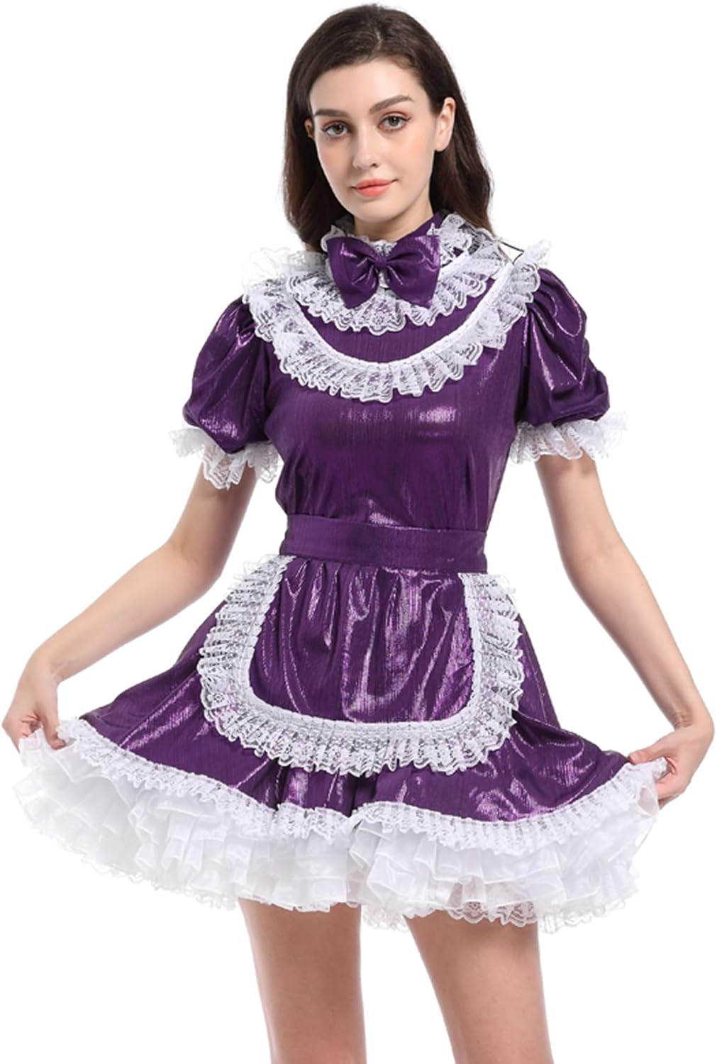 JOLINE Shiny Metallic Satin Bow Maidservant Sissy French Maid Dress Costume Crossdress Nightwear