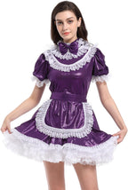 JOLINE Shiny Metallic Satin Bow Maidservant Sissy French Maid Dress Costume Crossdress Nightwear