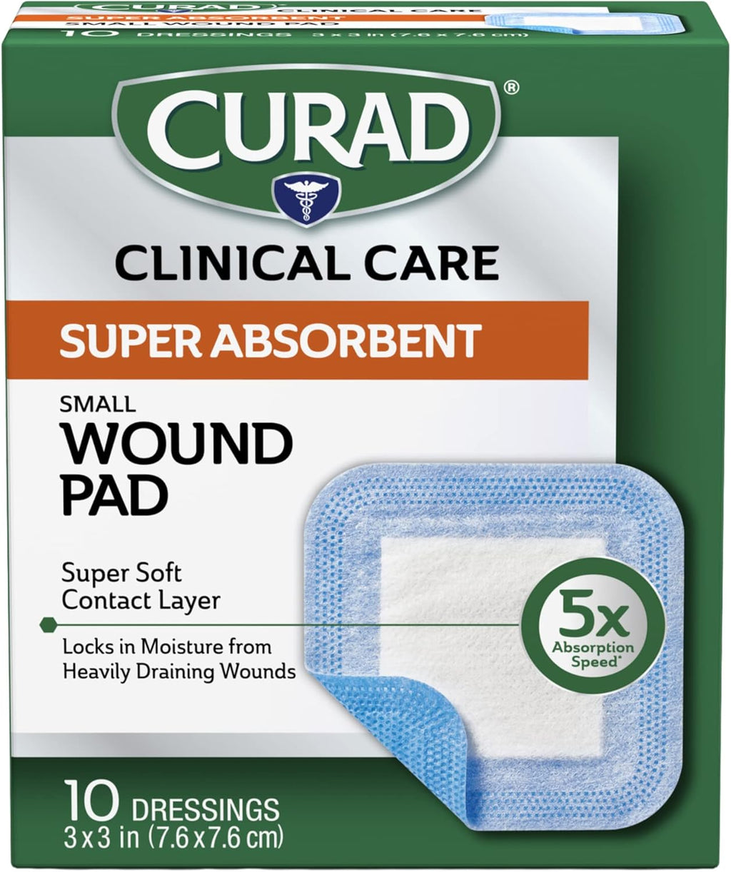 Curad Super Absorbent Wound Pad, Small, 3" x 3", 10 Count