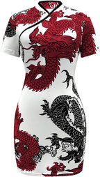 SOLY HUX Women's Cheongsam Dress Chinese Traditional Dragon Print Qipao Bodycon Mini Dress