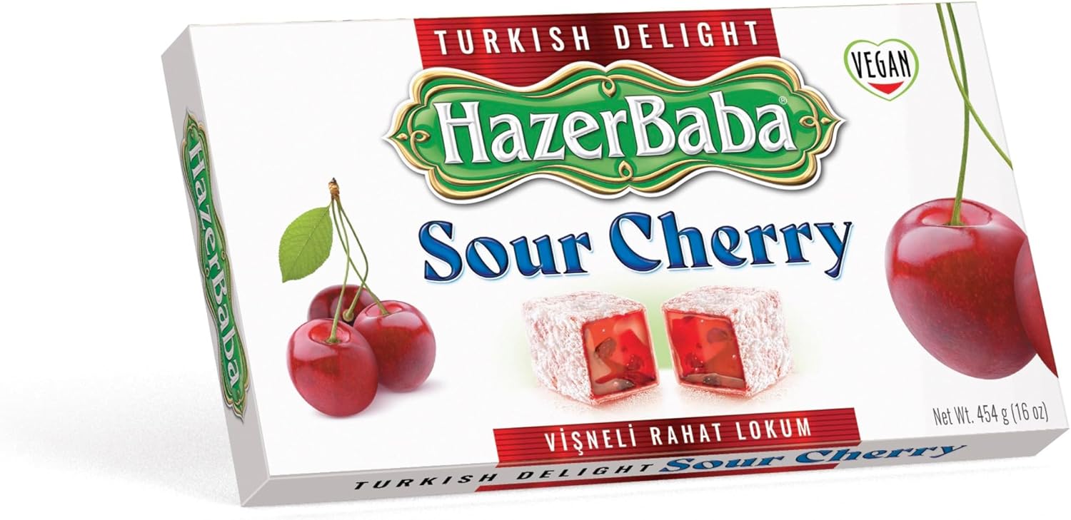 Hazer Baba Turkish Delight Candy, Sour Cherry Flavored, 16oz (Pack of 1), Gourmet Snack Box, Traditional, Vegan Snack, Turkish Lokum, Unique Sweets, Loukumi, Delicias Turcas, Halal, Kosher