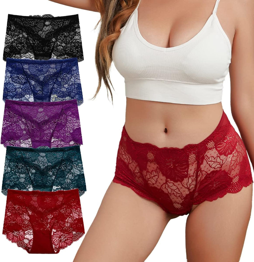 PHOLEEY Womens Sexy Underwear Lace Panties High Waisted Plus Size Ladies Brief for Women 5-Pack