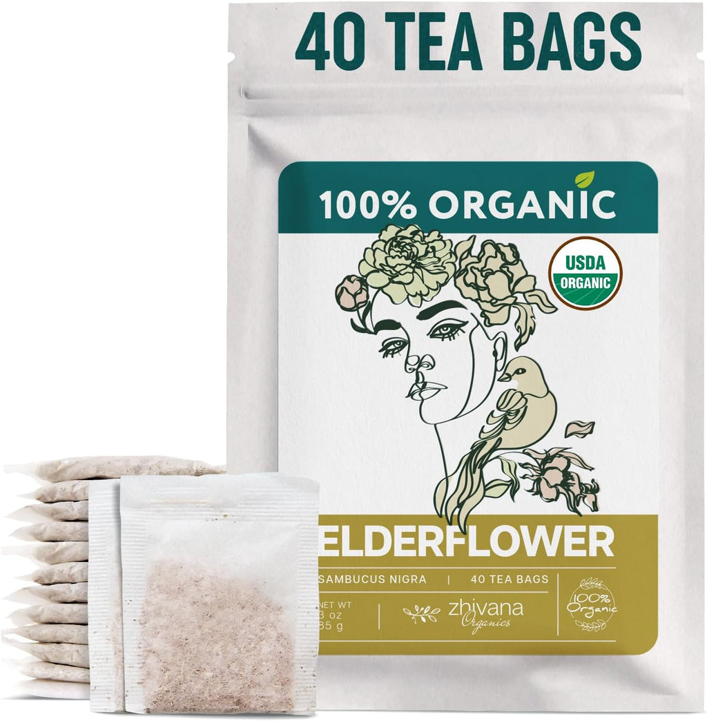 Organic Elderflower Tea (40 Tea Bags) - Elder Flowers Tea for Respiratory Health, Immunity - Herbal TeaBags for Cold Weather Days - Seasonal Blend - Te de Flor de Sauco