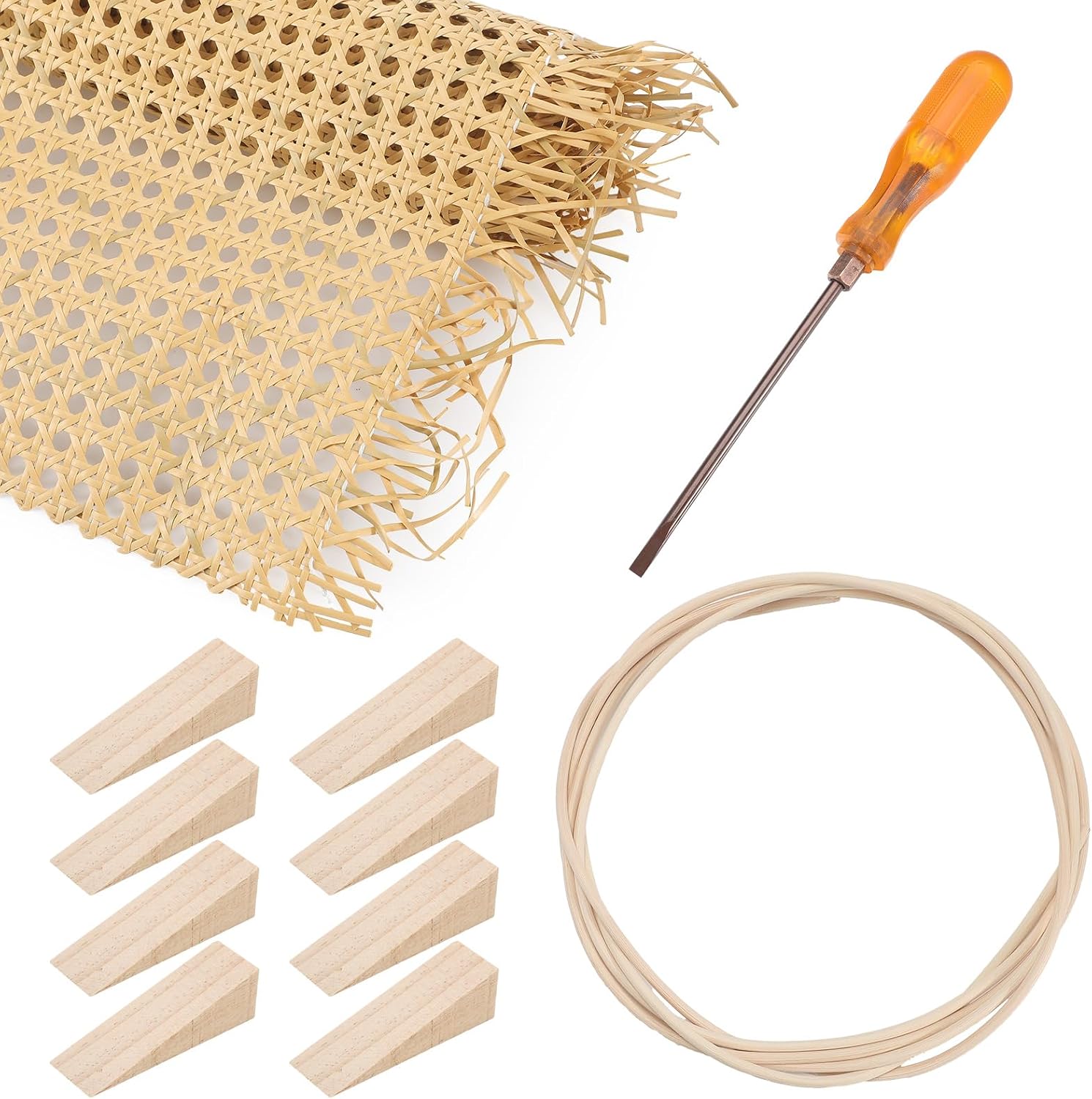 Leriton Rattan Repair Kits with 1 PC 14 Inch x 3.3 Feet Cane Webbing Roll, 1 PC 3/16 Inch Cane Webbing Spline & Caning Chisel, 8 Wooden Wedges for Chair, Cabinet, Home Caning Furniture Repair