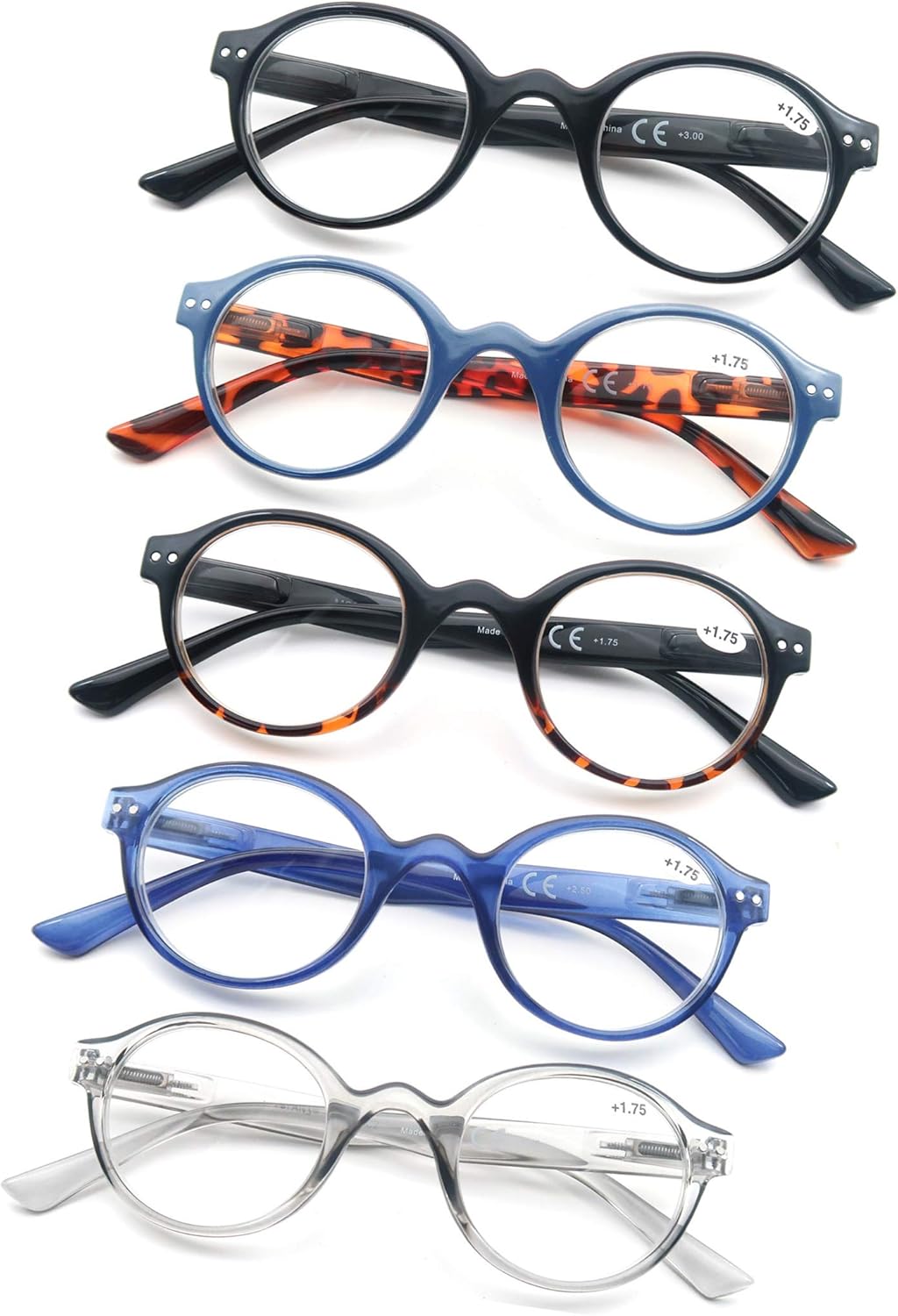 Round Reading Glasses for Women Men Classic Circular Readers +2.50 Stylish Lightweight Cheaters Glasses Spring Hinges 5 Pack