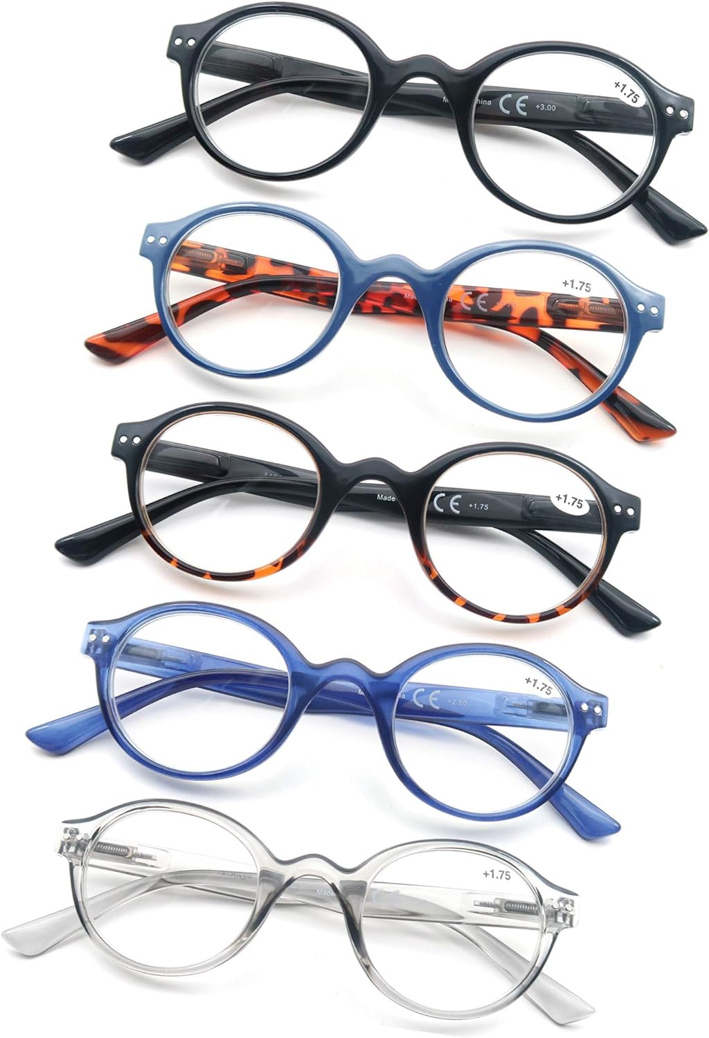 Round Reading Glasses for Women Men Classic Circular Readers +1.50 Stylish Lightweight Cheaters Glasses Spring Hinges 5 Pack