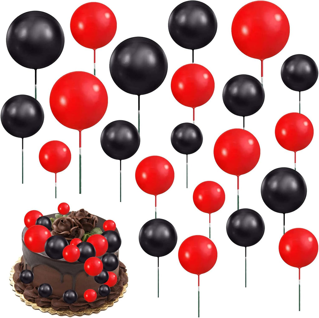 Ball Cake Topper Foam Ball Cake Picks Cupcake Faux Pearl Balls DIY Cake Insert Topper Baking Decoration for Anniversary Graduation Birthday Party Baby Shower, 16pcs (Black, Red)