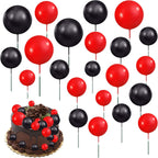Ball Cake Topper Foam Ball Cake Picks Cupcake Faux Pearl Balls DIY Cake Insert Topper Baking Decoration for Anniversary Graduation Birthday Party Baby Shower, 16pcs (Black, Red)