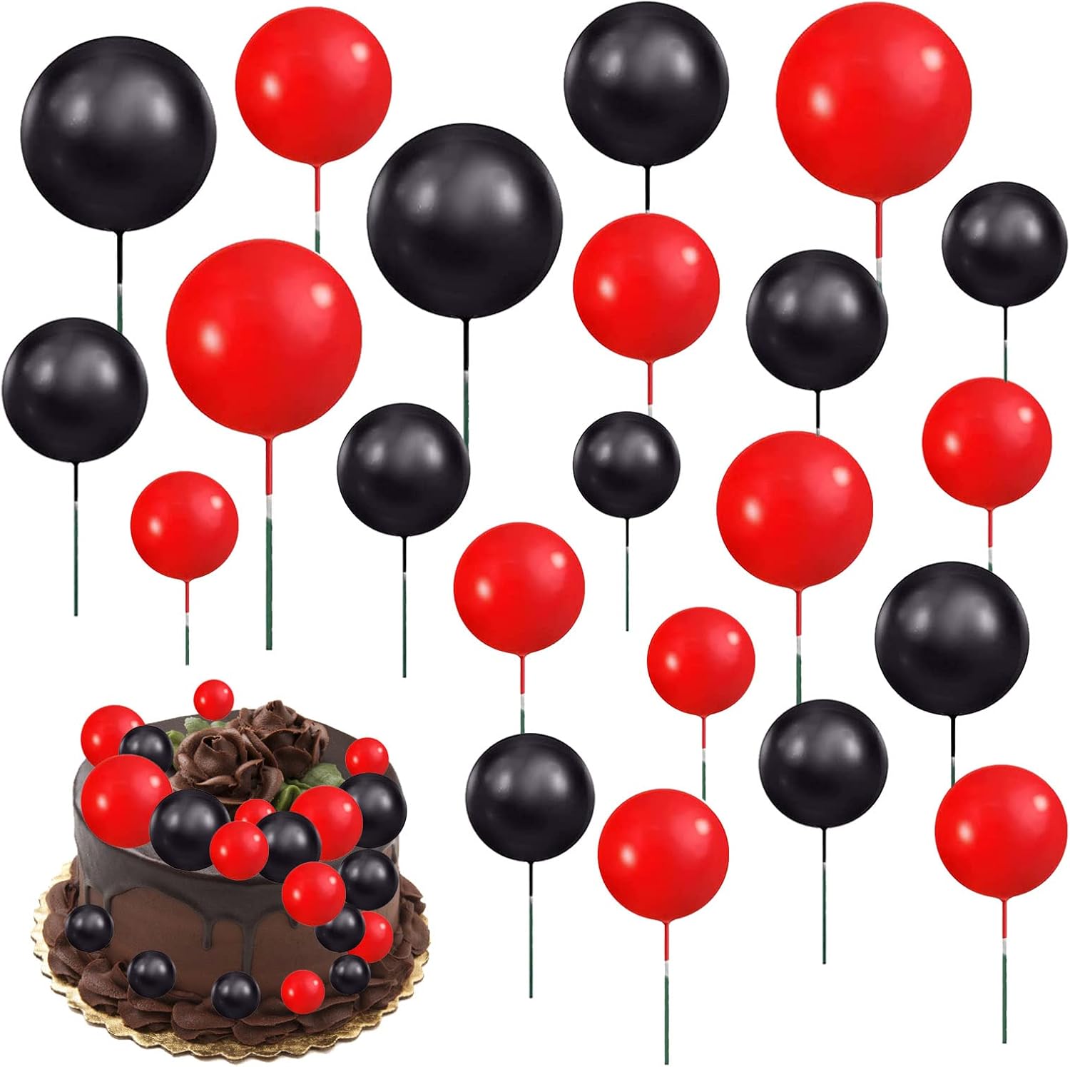 Ball Cake Topper Foam Ball Cake Picks Cupcake Faux Pearl Balls DIY Cake Insert Topper Baking Decoration for Anniversary Graduation Birthday Party Baby Shower, 16pcs (Black, Red)