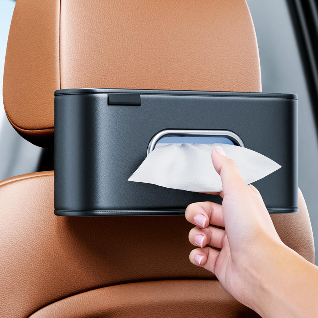 Car Tissue Holder, Large Tissue Box Cover Keep Tidy, Premium PU Leather Backseat Napkin Holder Tissues Dispenser for Car Fits Standard 80-160 Count Tissue Boxes, Black