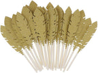 30pcs Feather Cake Toppers Glitter Cupcake Food Picks Cake Toppers Baby Shower Cake Decoration - Gold