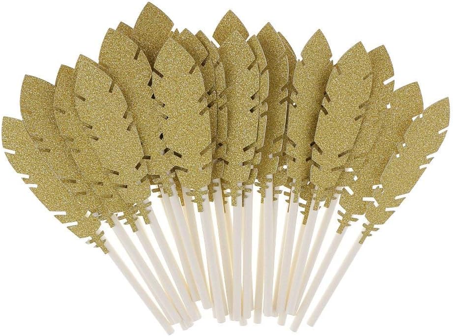 30pcs Feather Cake Toppers Glitter Cupcake Food Picks Cake Toppers Baby Shower Cake Decoration - Gold