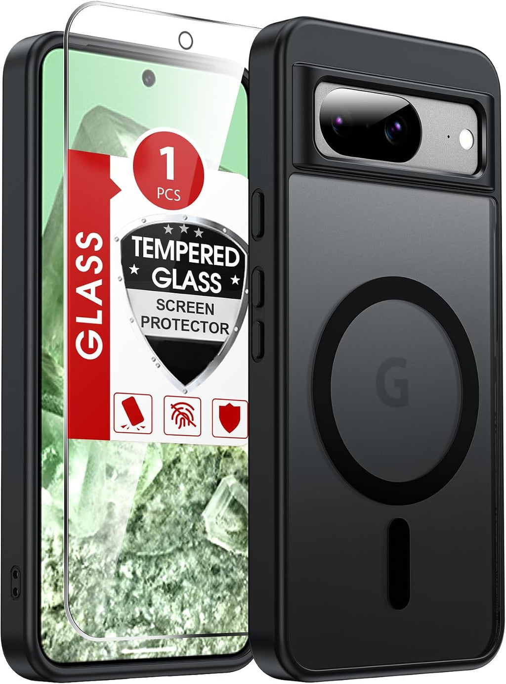 LeYi for Pixel-8 Case: Compatible for Google Pixel 8 Case [Mag-Safe Fit] with Screen Protector, Frosted Translucent Soft-Touch Skin & Full Body Protection Funda para Pixel 8, Black