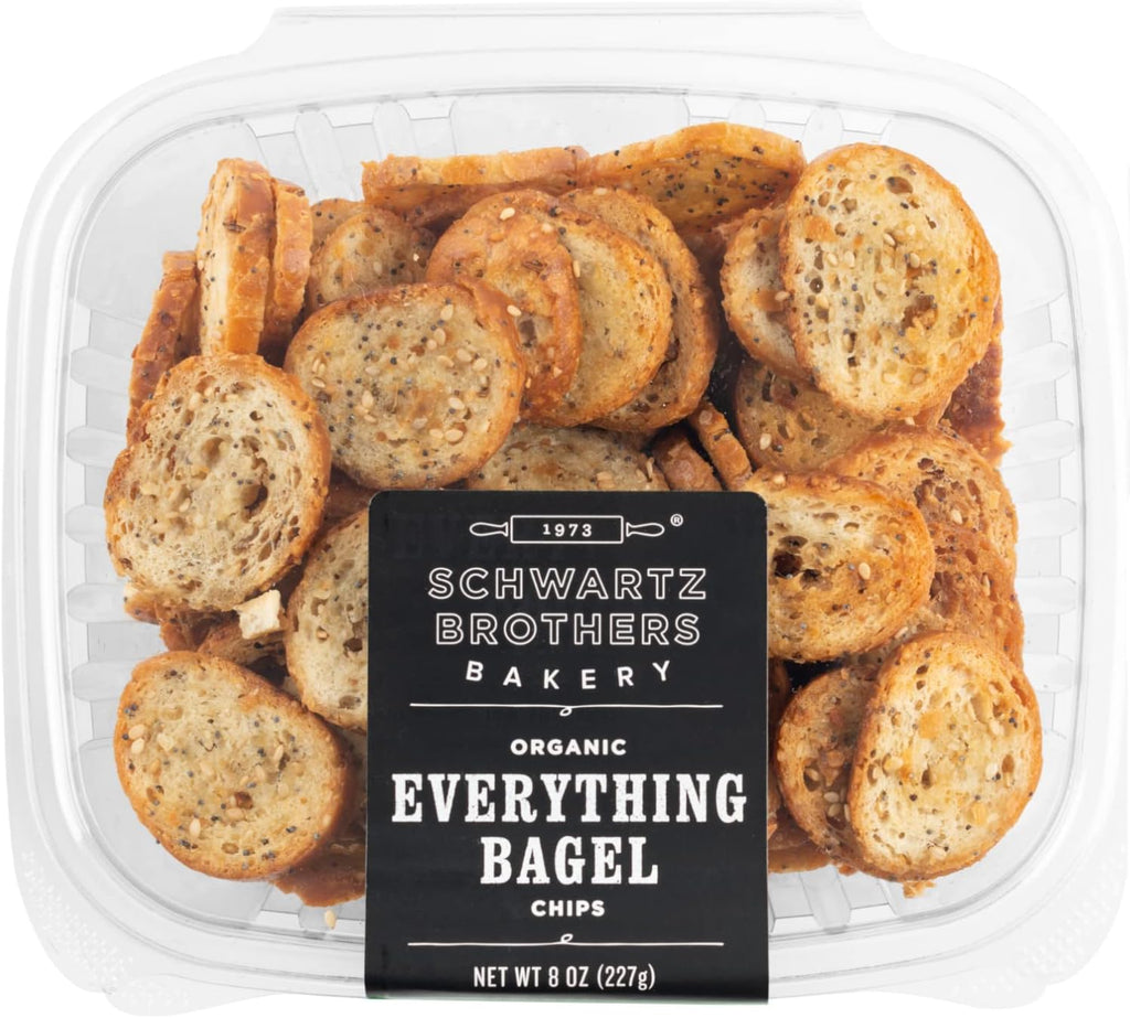 Everything Bagel Chips NY Style Bagel Crisps. Organic, Vegan, Kosher. From the artisans of Schwartz Brothers Bakery. Baked Fresh. Twice Baked. 8 ounce container. Great Snack. Delicious. Pack of 2.