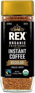 Rex Organic Fairtrade Freeze-Dried Instant Coffee – Medium Roast Arabica, 3.53 oz Glass Jar – USDA Organic & Fairtrade Certified, Lab Tested for Mold & Mycotoxins