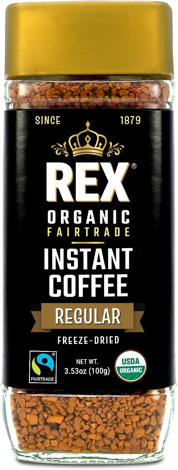 Rex Organic Fairtrade Freeze-Dried Instant Coffee – Medium Roast Arabica, 3.53 oz Glass Jar – USDA Organic & Fairtrade Certified, Lab Tested for Mold & Mycotoxins