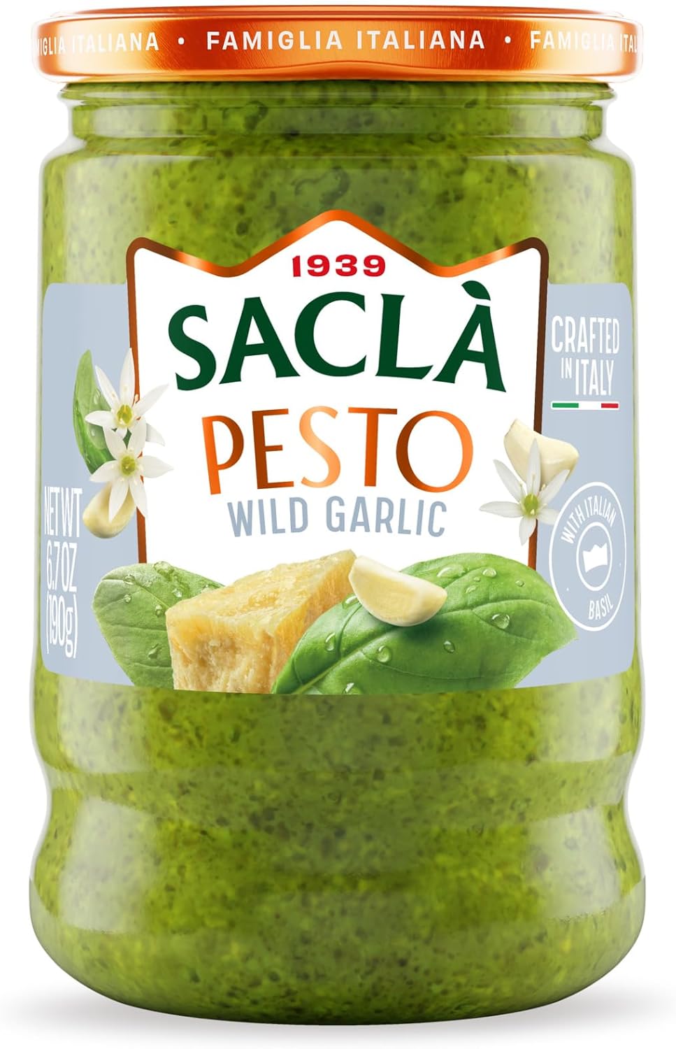 SACLA Wild Garlic Pesto Sauce | Basil & Wild Garlic Italian Pesto with Parmigiano Reggiano & Pecorino Romano Cheeses | 6.7 oz Glass Jar | Non-GMO Gourmet Sauce Imported from Italy