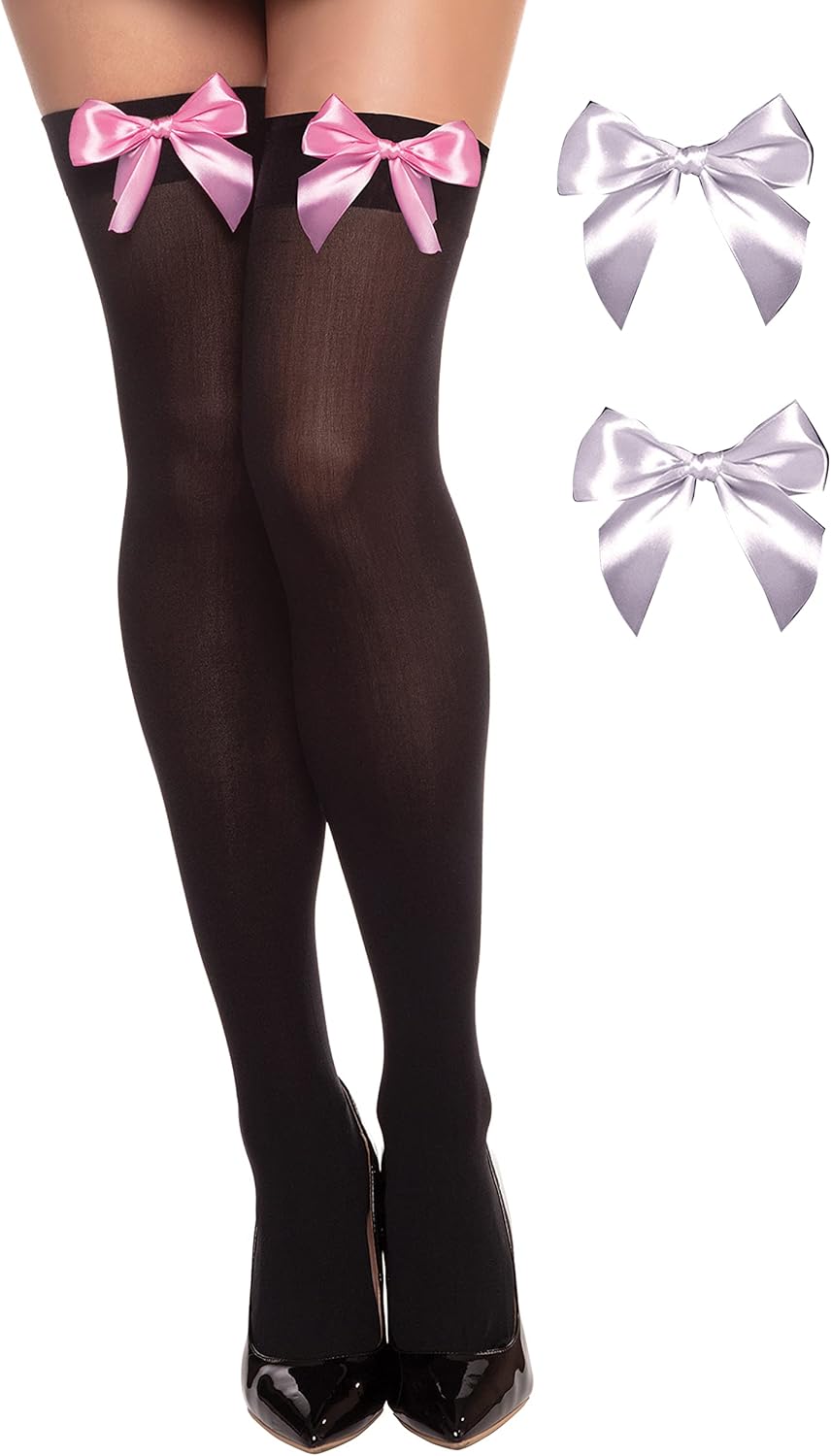 Dreamgirl Women's Sheer Thigh High Stocking With 2 Sets of Bows (Fuchsia/Black)