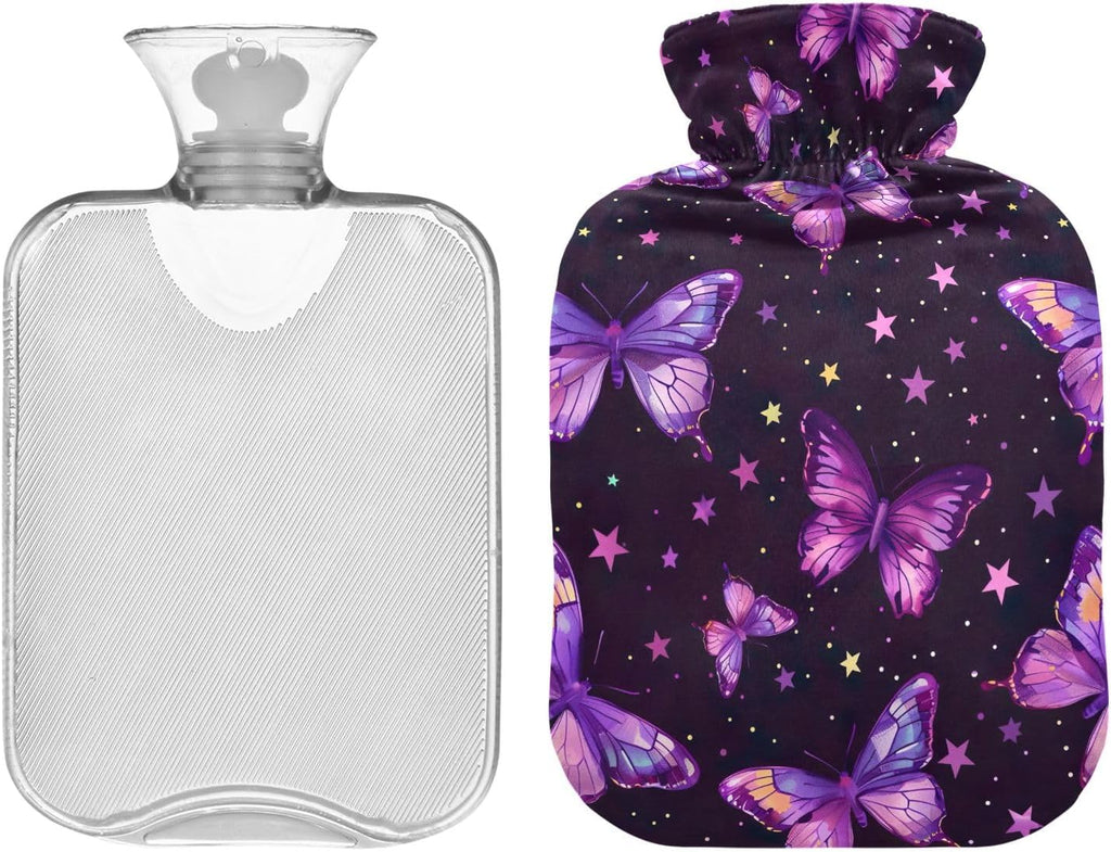 Hot Water Bottle with Cover, 2L Cute Hot Water Bags for Neck, Shoulders and Legs Pain Relief, Menstrual Cramps, Hot and Cold Compress, Purple Butterflies and Stars