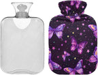 Hot Water Bottle with Cover, 2L Cute Hot Water Bags for Neck, Shoulders and Legs Pain Relief, Menstrual Cramps, Hot and Cold Compress, Purple Butterflies and Stars