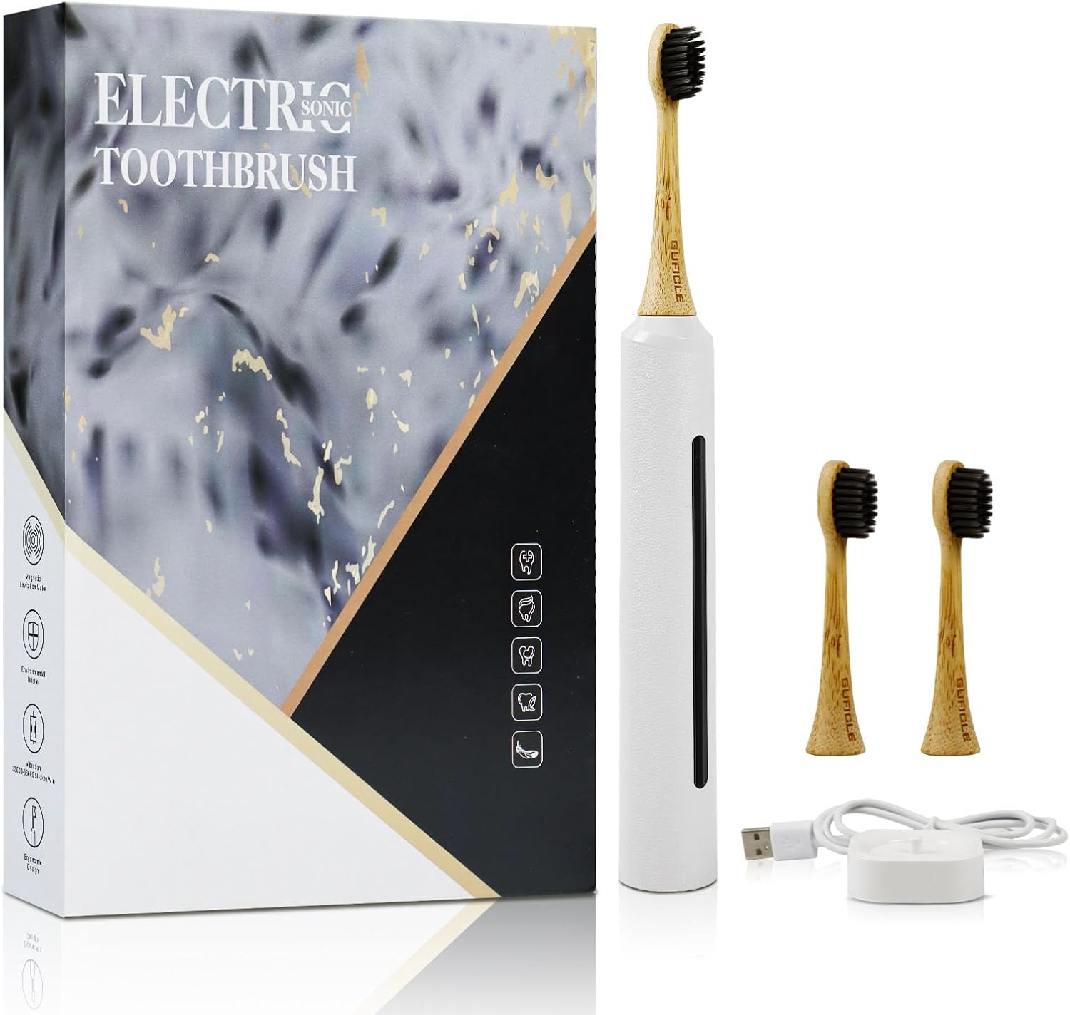Bamboo Electric Toothbrush for Adults丨Rechargeable Electric Toothbrush with 3 Non Toxic Charcoal Infused Bamboo Brush Heads, 5 Cleaning Modes, 60 Days Battery Life, IPX7 Waterproof-White
