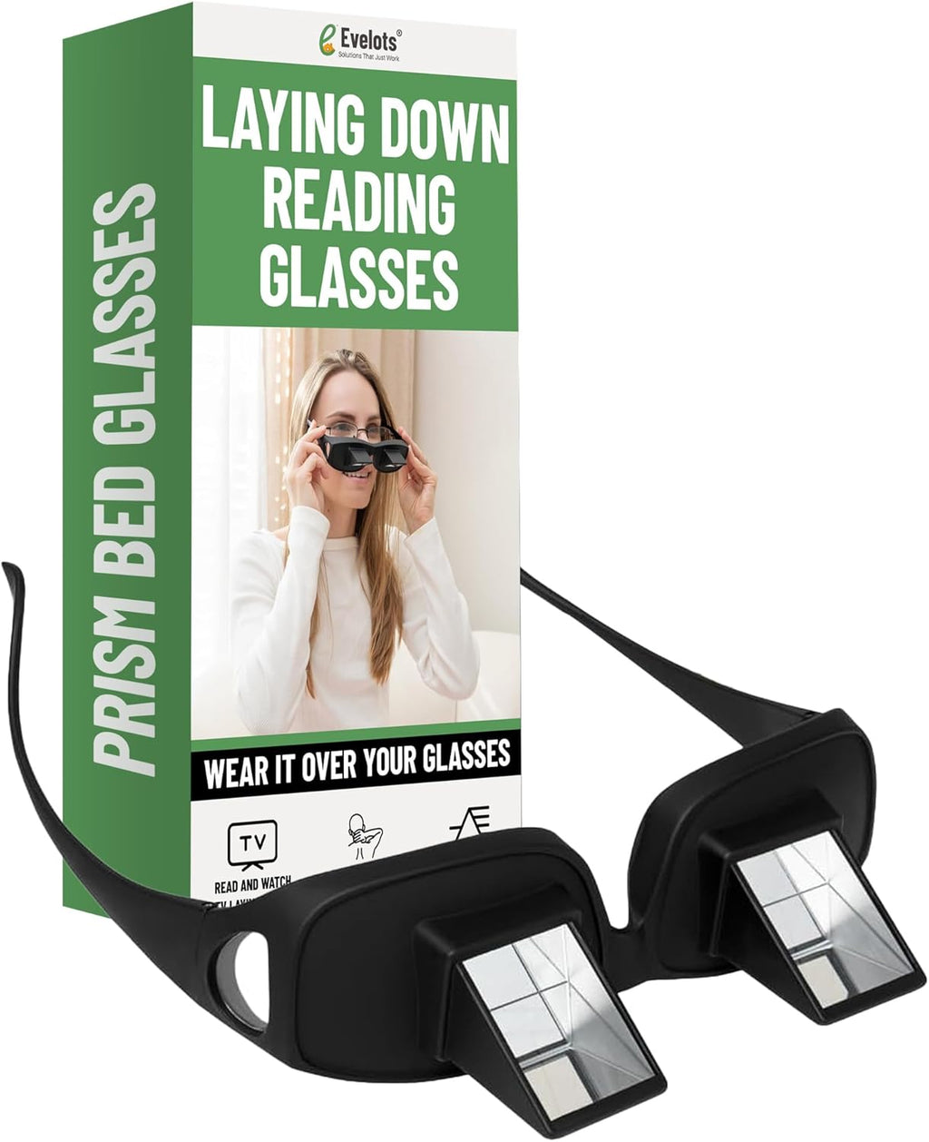 Evelots Laying Down Reading Glasses - High Definition Lazy Bed Prism Spectacles for Bedside Reading and TV, Over Glasses Design, Unisex
