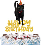 Cat Happy Birthday Cake Topper Black Cat Cake Decorations for Boys Girls Pets Cute Mewo Animal Theme Party Supplies Black Gold Glitter