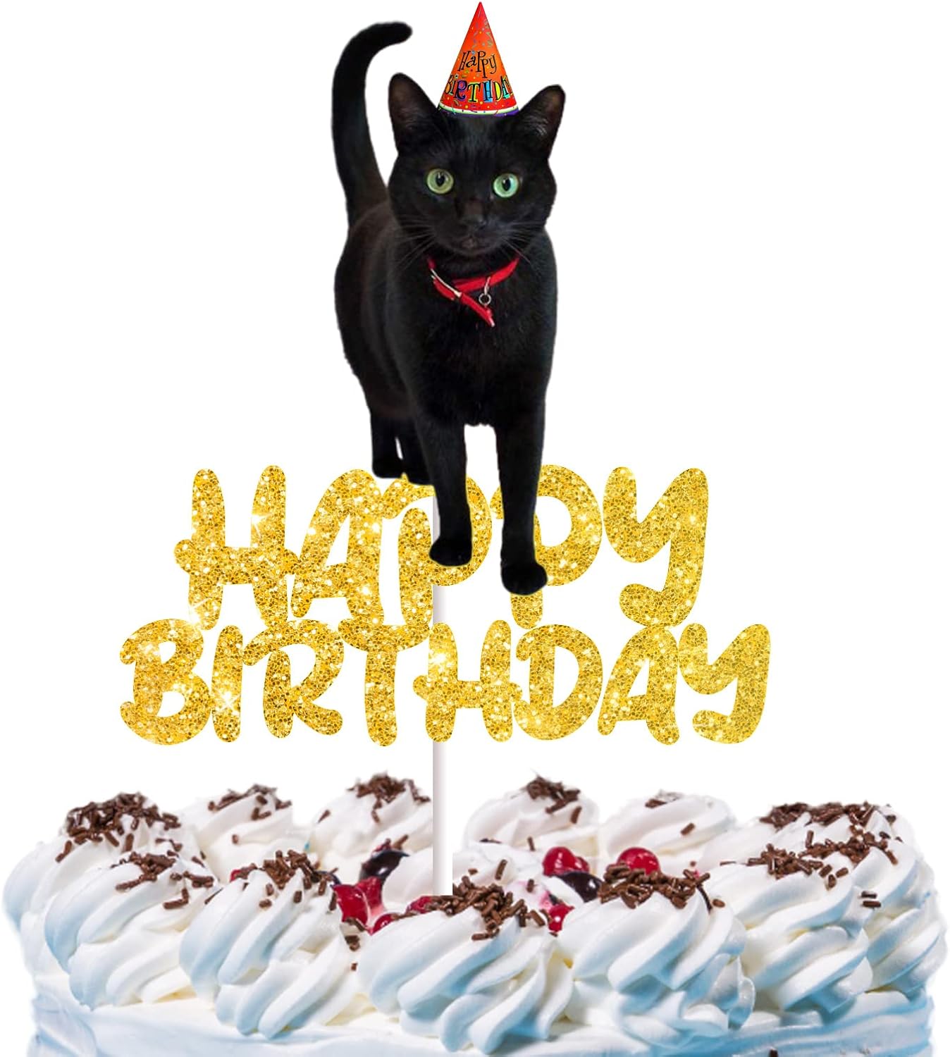 Cat Happy Birthday Cake Topper Black Cat Cake Decorations for Boys Girls Pets Cute Mewo Animal Theme Party Supplies Black Gold Glitter