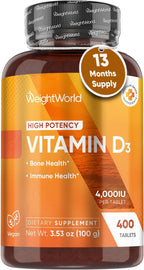 WeightWorld Vegan Vitamin D3 4000 IU Tablets - 400 Count - D3 Vitamin for Bone & Immune Health - (13+ Months Supply) - High Potency Vegan D3 for Women & Men - GMP-Approved - Gluten-Free - Non-GMO