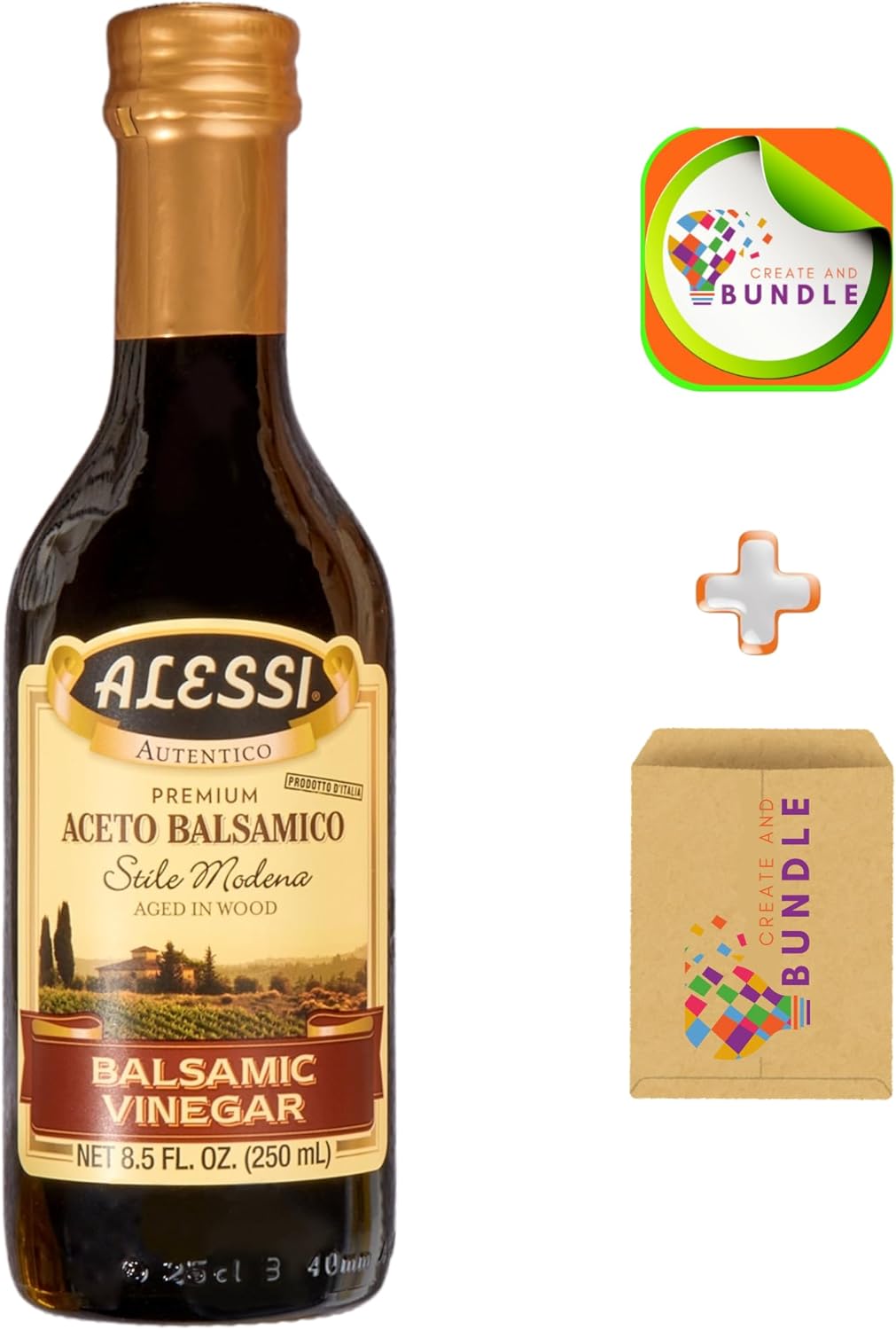 Alessi Balsamic Autentico from Italy, Premium Aceto, Stile Modena, Ideal on Caprese Salad, Fruits, Cheeses, Meats, Marinades 250 mL 8.5 Fl Oz (Pack of 1) + CreateAndBundle Sticker