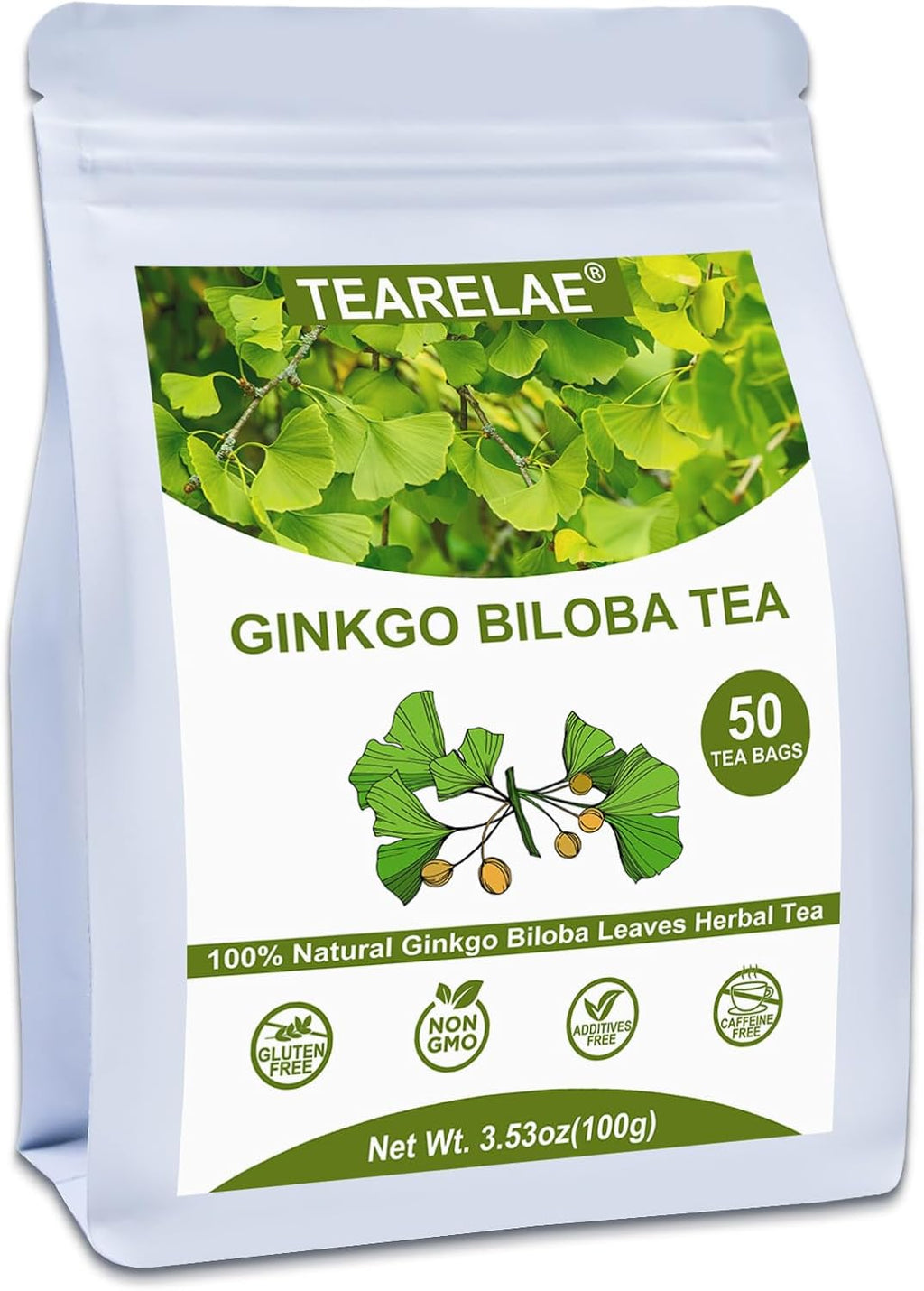 TEARELAE - Ginkgo Biloba Tea Bags, 50 Count - 100% Pure Ginkgo Biloba Leaves - Non-GMO - Naturally Caffeine-free Herbal Tea - Support Vision Health & Enhance Immunity