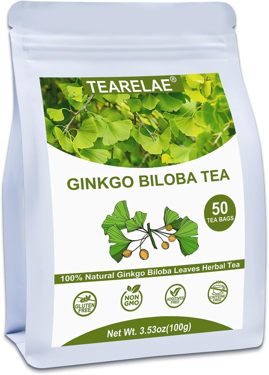 TEARELAE - Ginkgo Biloba Tea Bags, 50 Count - 100% Pure Ginkgo Biloba Leaves - Non-GMO - Naturally Caffeine-free Herbal Tea - Support Vision Health & Enhance Immunity
