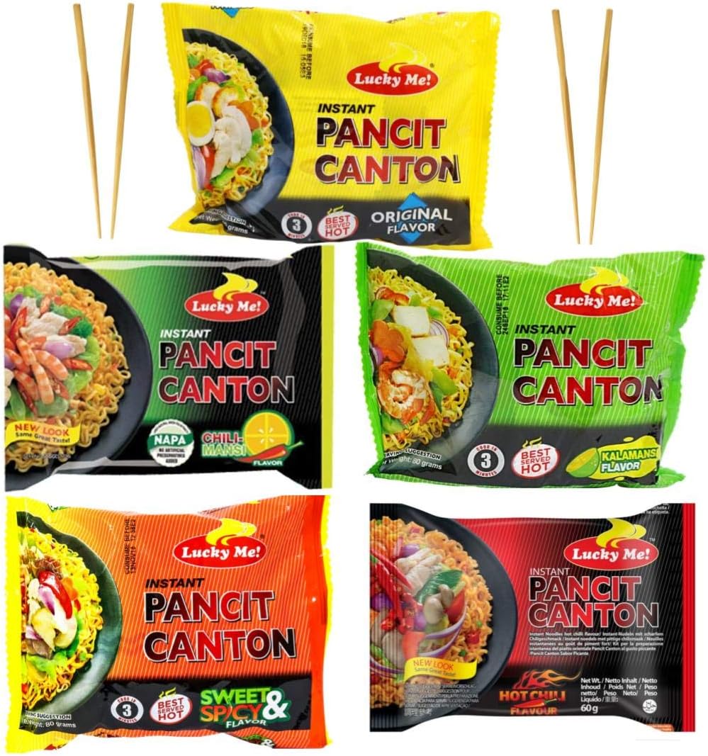 Lucky Me Pancit Canton Variety Bundle- 2 Original Flavor, 2 Chili Mansi, 2 Kalamansi, 2 Sweet and Spicy, and 2 Extra Hot Chili- Total of 10 Packs