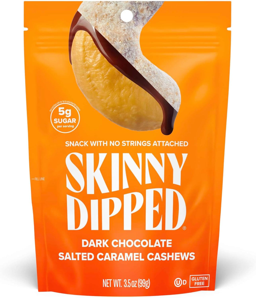 SkinnyDipped Dark Chocolate Salted Caramel Cashews, Healthy Snack, Plant Protein, Gluten Free, 3.5 oz Resealable Bags, Pack of 1