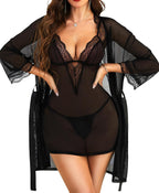Women's Lingerie Sets with Robe - 3 Piece Lace Mesh Chemise Babydoll Nightgown with Thong
