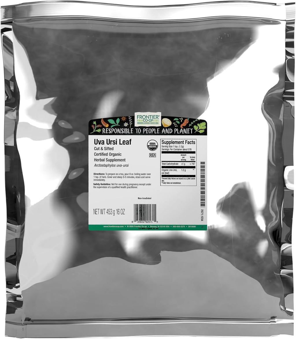 Frontier Co-op Uva Ursi Leaf, Cut and Sifted, Certified Organic, Kosher | 1 lb. Bulk Bag | Arctostaphylos uva-ursi (L.) Spreng.