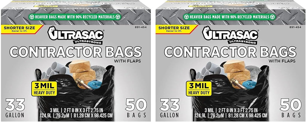 Ultrasac Contractor Trash Bags - (/w Ties) - Heavy Duty 3 MIL Thick,39" x 32",Shorter 33 Gallon Black Version - for Industrial,Commercial,Professional,Construction,Lawn,Leaf,and More,(Pack of 100)