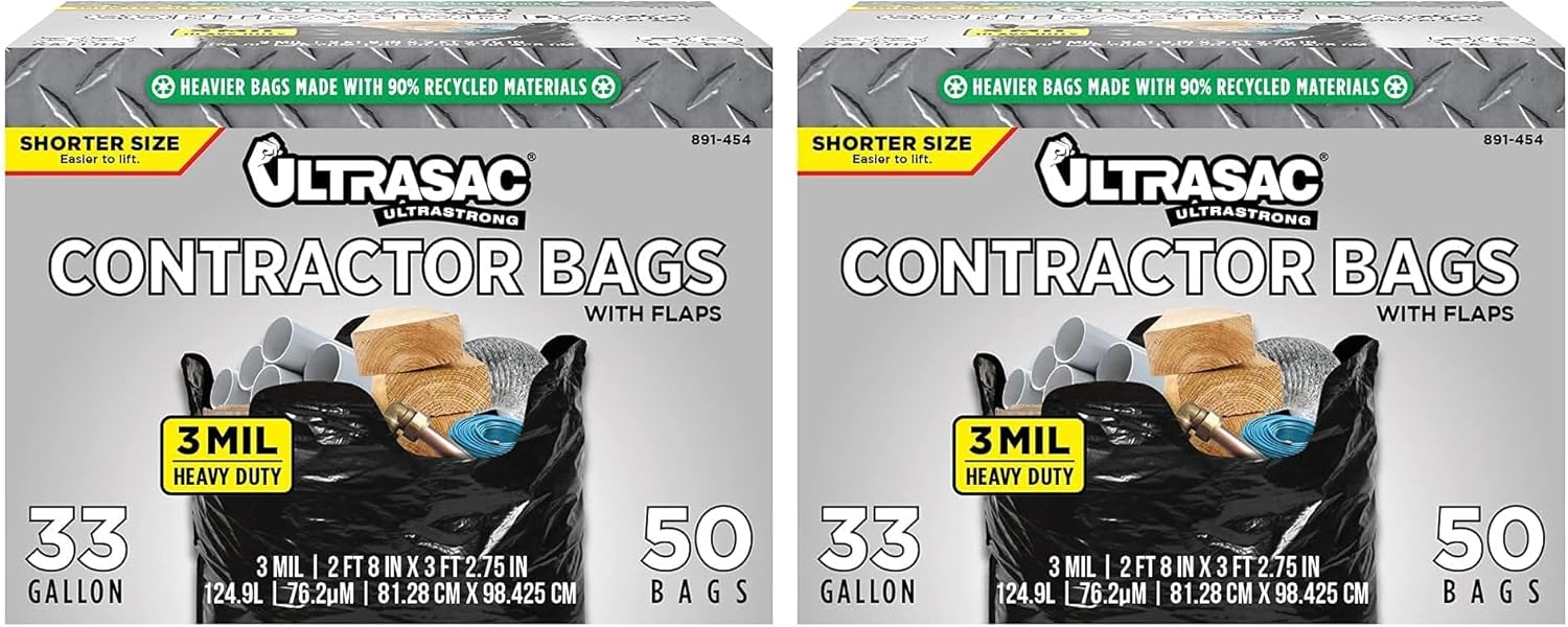 Ultrasac Contractor Trash Bags - (/w Ties) - Heavy Duty 3 MIL Thick,39" x 32",Shorter 33 Gallon Black Version - for Industrial,Commercial,Professional,Construction,Lawn,Leaf,and More,(Pack of 100)