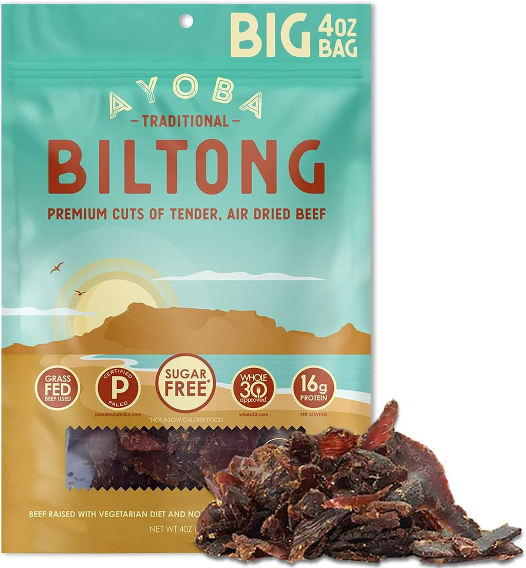 Ayoba Traditional Grass Fed Beef Biltong Slices (4 Ounce, Pack of 1) - Keto Friendly Air-Dried Grass Fed Beef Paleo Snacks - Gluten Free, Whole 30 Approved, Sugar free, No Carb Meat Snacks