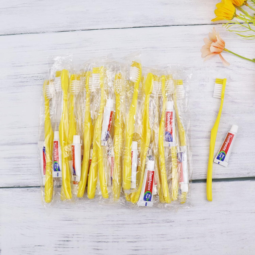 Disposable Toothbrush with Toothpaste Set Pack of 150,Yellow Hollow Individually Wrapped Manual Travel Toothbrush Kit in Bulk Toiletries for Adults,Kids,Hotel,Homeless,Nursing Home,Charity