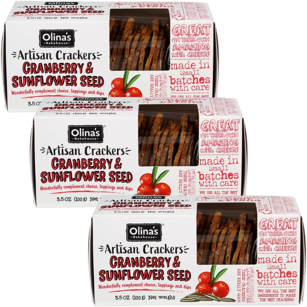 Olina's Bakehouse Crackers, Assorted (3-Pack, Cranberry & Sunflower Seed - Artisan Cracker)