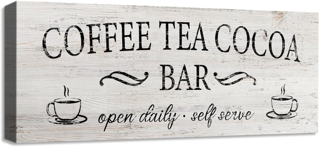 Coffee Tea Cocoa Bar Sign Decor Farmhouse Wall Plaque with Wood Grain Retro Cafe Canvas Prints for Bar Decor Open Daily Self Serve Kitchen Cafe Pub Nook Decoration Accessories 8"x24"