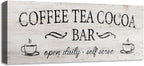 Coffee Tea Cocoa Bar Sign Decor Farmhouse Wall Plaque with Wood Grain Retro Cafe Canvas Prints for Bar Decor Open Daily Self Serve Kitchen Cafe Pub Nook Decoration Accessories 8"x24"