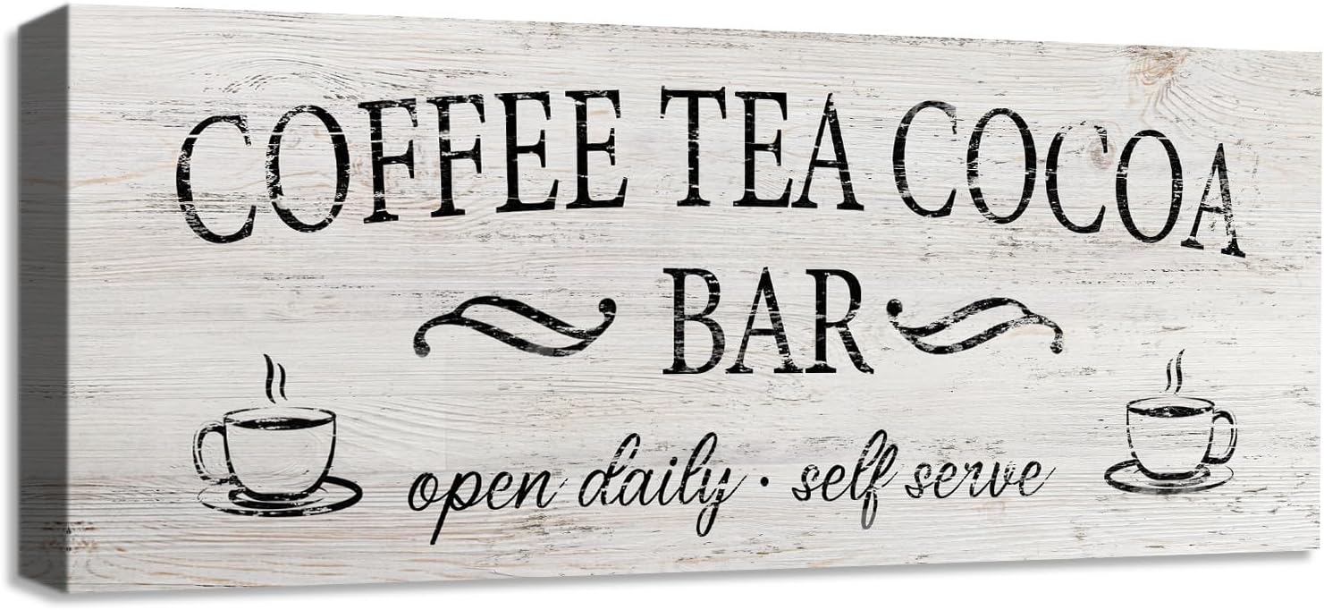 Coffee Tea Cocoa Bar Sign Decor Farmhouse Wall Plaque with Wood Grain Retro Cafe Canvas Prints for Bar Decor Open Daily Self Serve Kitchen Cafe Pub Nook Decoration Accessories 8"x24"